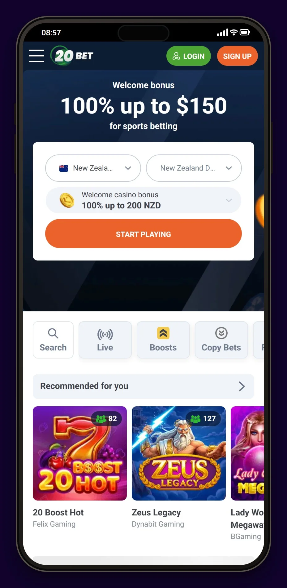 rapid transfer casino: 20Bet mobile lobby on a phone